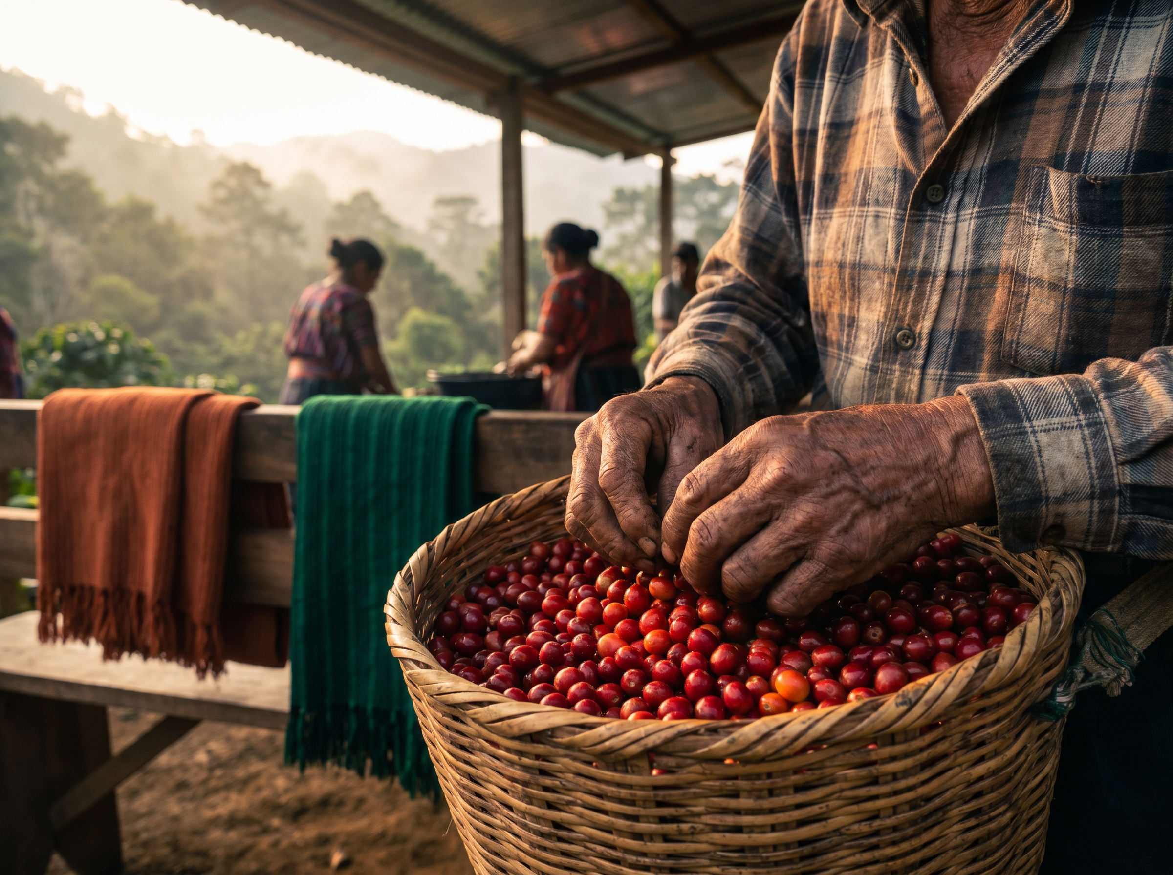 Hand-sorting crimson coffee cherries