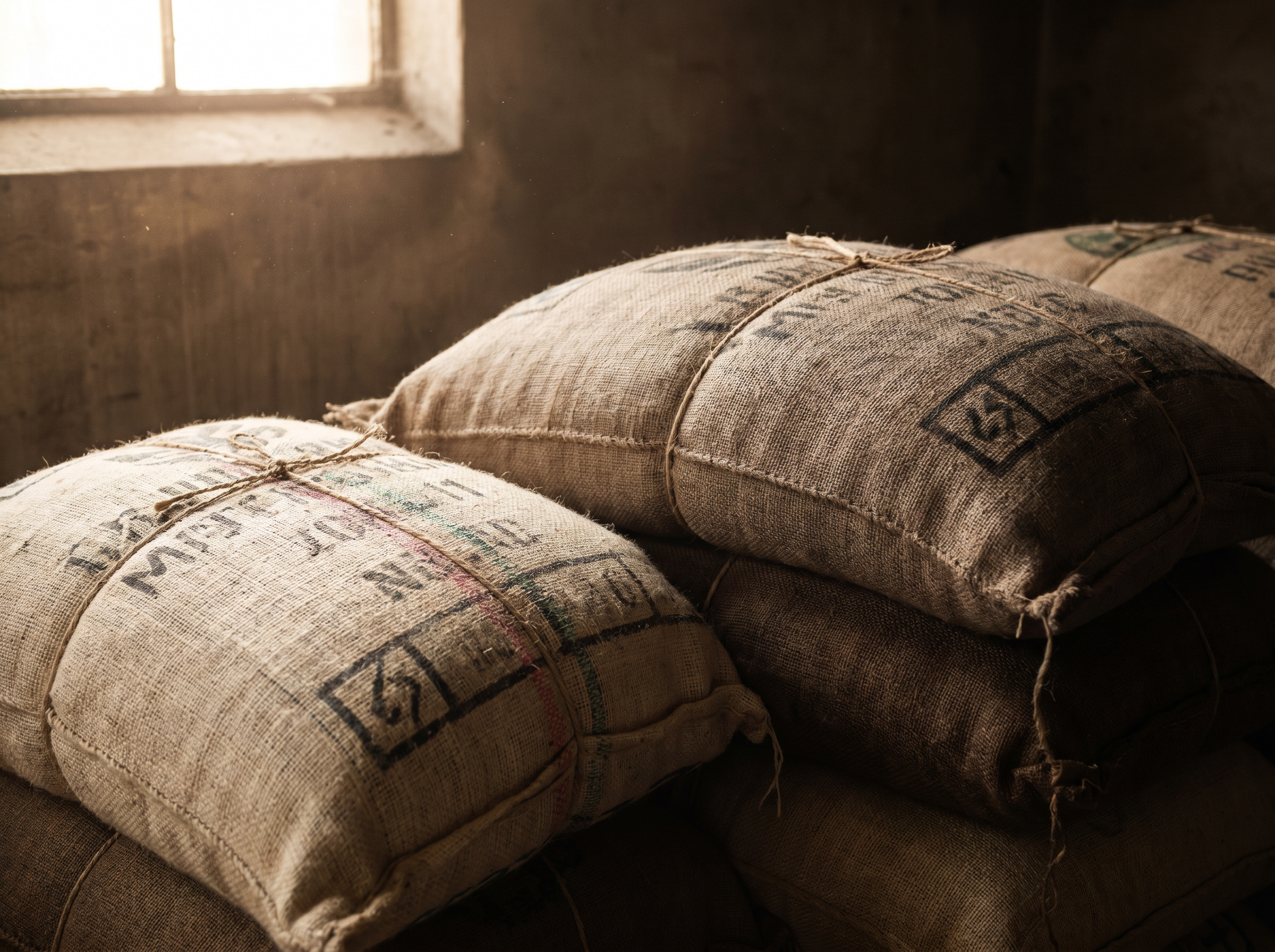 Stacked jute coffee sacks in soft warehouse light