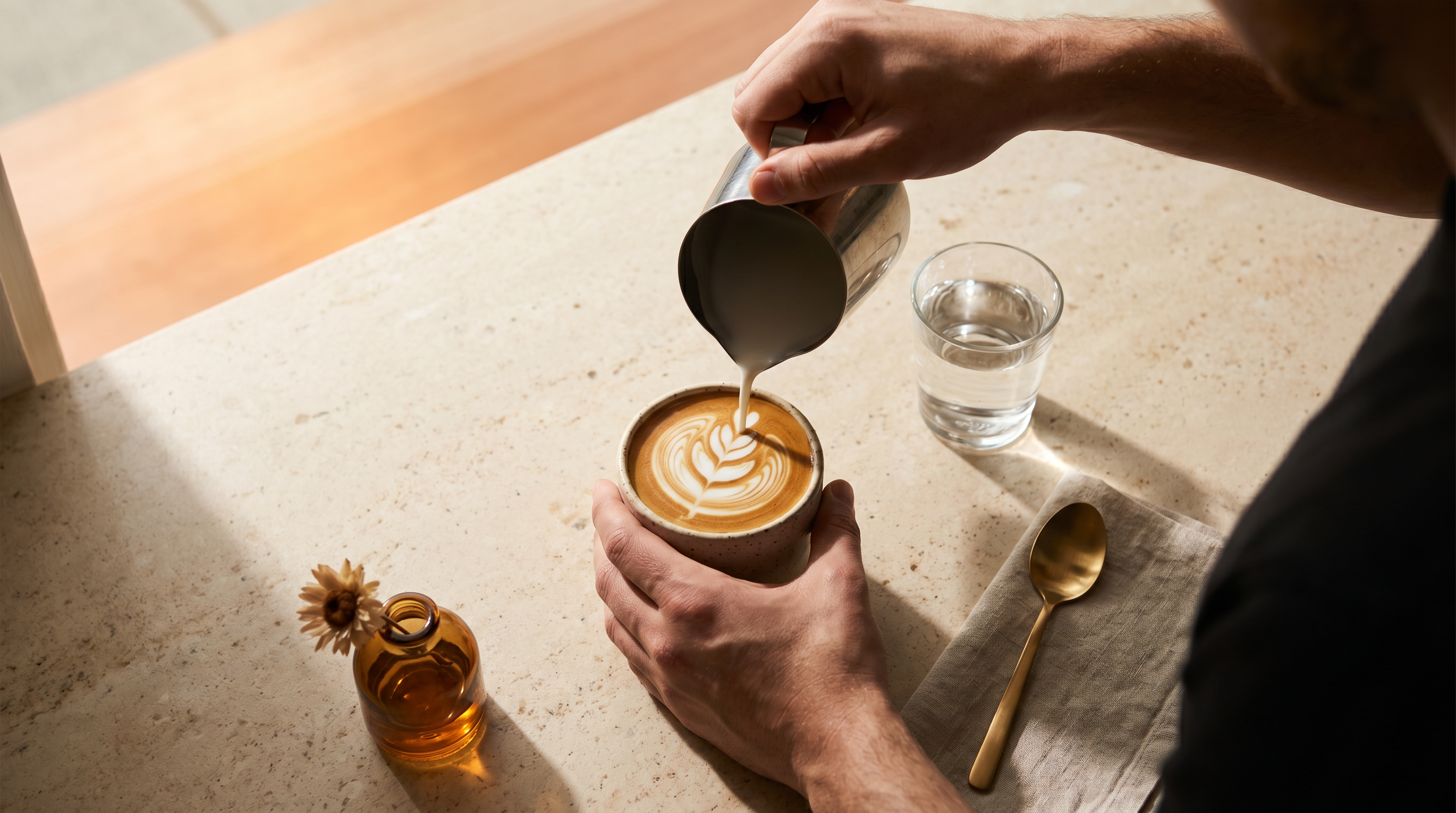 Slow pour latte art on a warm cream counter