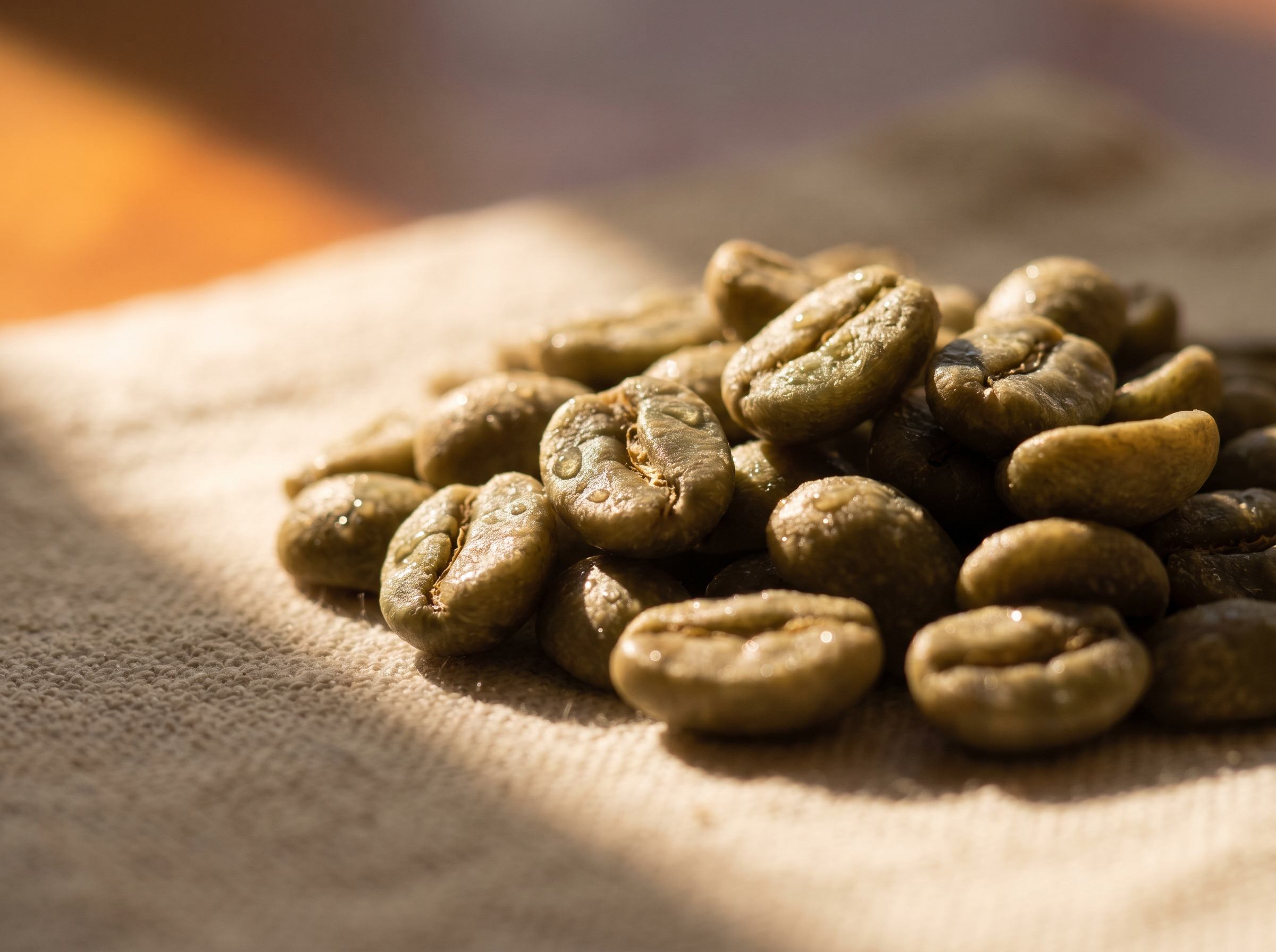Macro view of glistening green Arabica beans on cream linen
