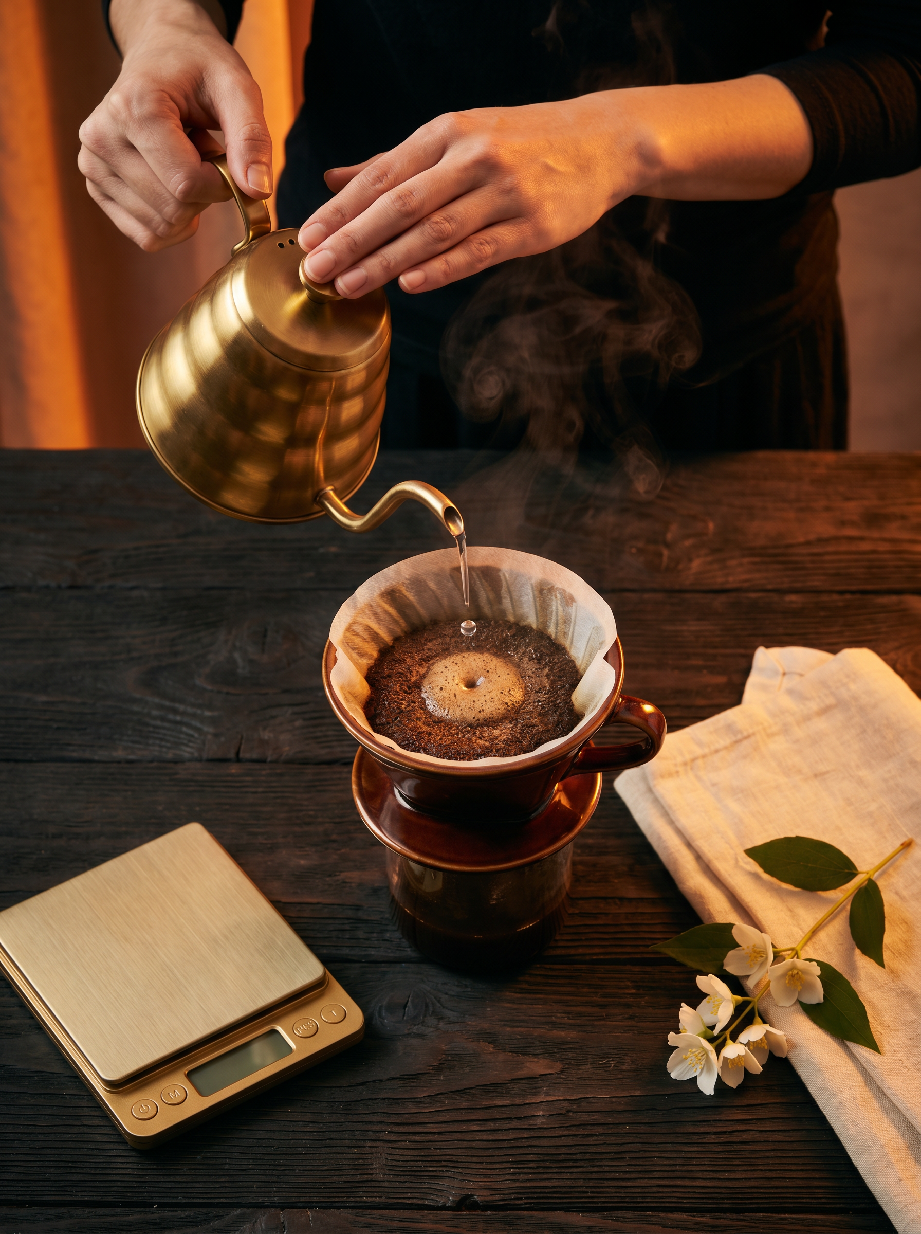 Slow gooseneck pour over a ceramic V60 brewer